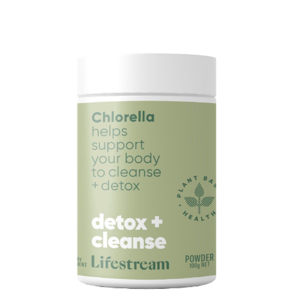 Image of Lifestream Chlorella bottle and powder for detox and cleanse 
