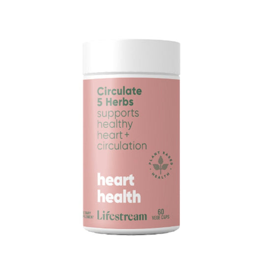 Image of Lifestream Circulate 5 Herbs bottle and capsules for heart health