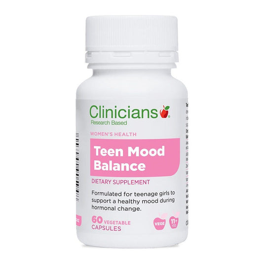 Image of Clinicians Teen Mood Balance Bottle and Capsules for teen girl mood support. 