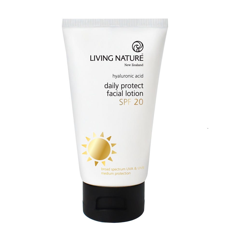 Living Nature Daily Protect Facial Lotion SPF 20 in bottle and box – natural daily broad‑spectrum sunscreen - 75ml