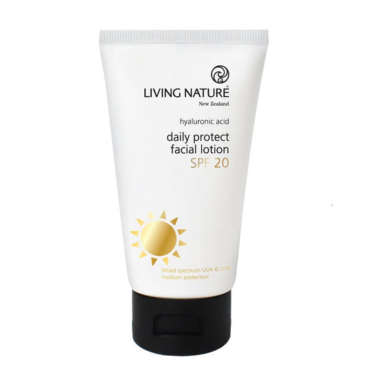 Living Nature Daily Protect Facial Lotion SPF 20 in bottle and box – natural daily broad‑spectrum sunscreen - 75ml