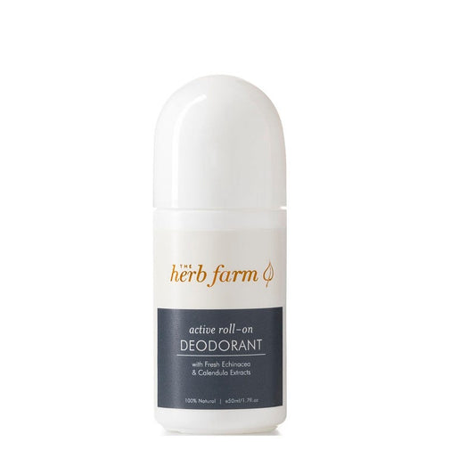 A roll-on deodorant bottle from The Herb Farm, showcasing its natural ingredients and freshness, symbolizing effective odor protection without harmful chemicals.