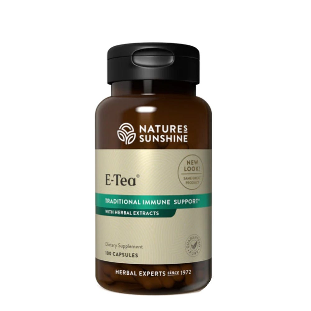 Nature's Sunshine E-Tea Bottle and Capsules for herbal immune support. 