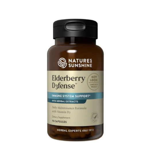 Image of Nature's Sunshine Elderberry D3fense Bottle and Capsules for Immune support