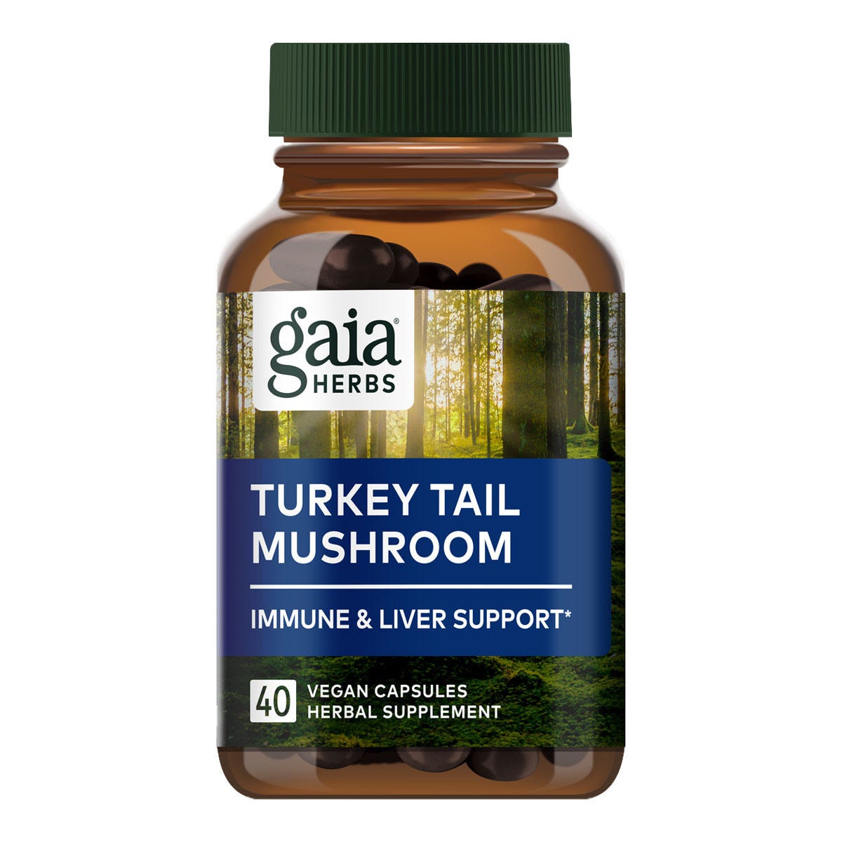 Image of Gaia Lion's Mane & Turmeric Supplements - Product Bottle and Capsules