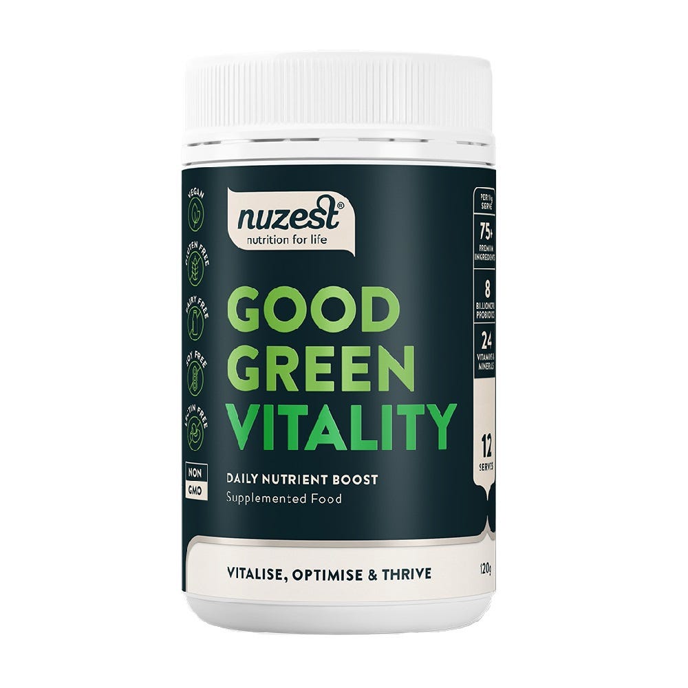 NuZest Good Green Vitality 120 g tub — vegan greens powder with superfoods, probiotics, adaptogens and vitamins for daily wellbeing