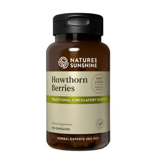 Image of Nature's Sunshine Hawthorn Berries Bottle and Capsules for heart health