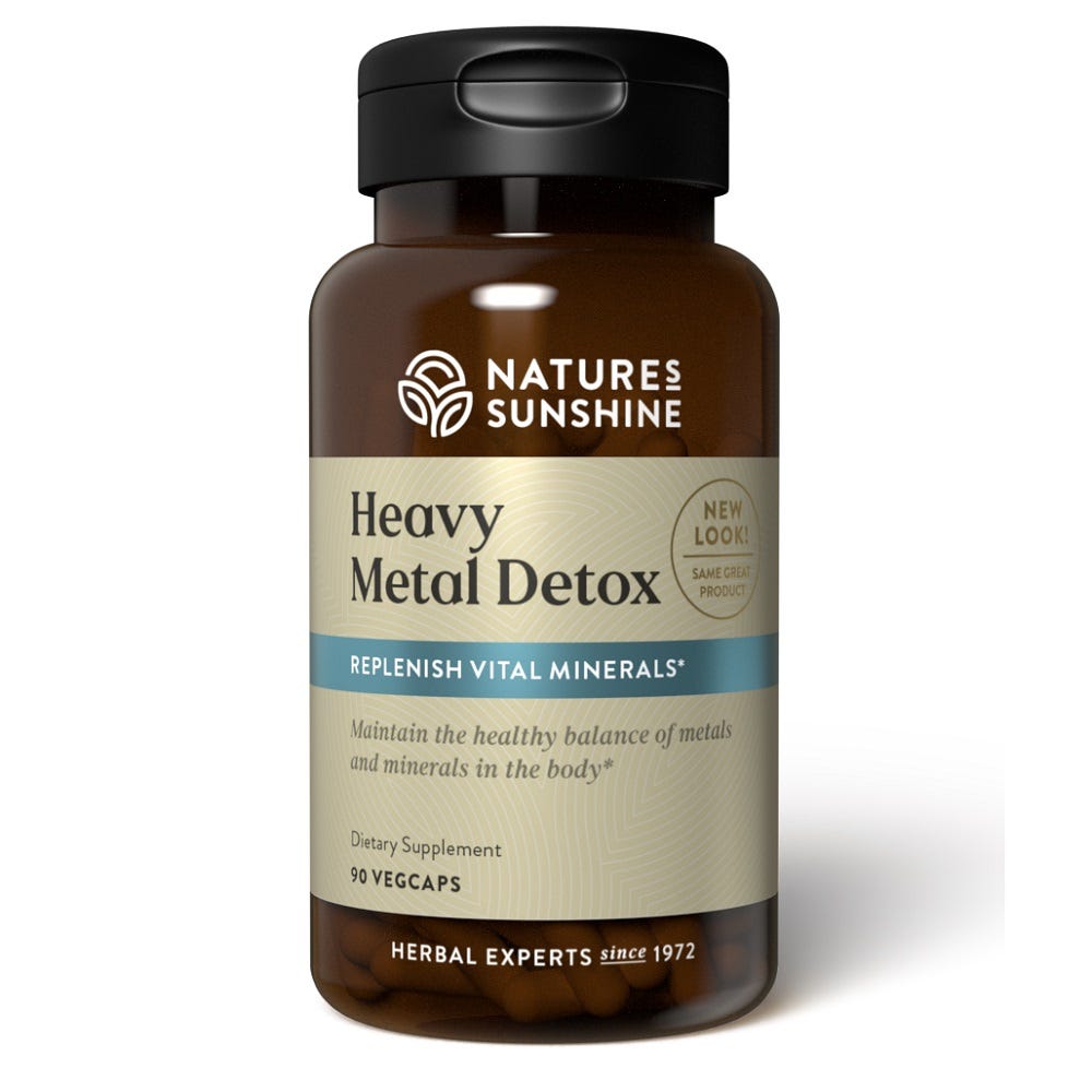 Image of Nature's Sunshine Heavy Metal Detox bottle and capsules for detox. 