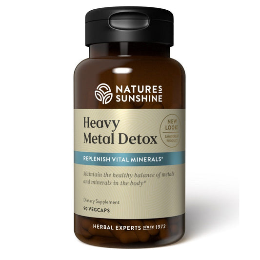 Image of Nature's Sunshine Heavy Metal Detox bottle and capsules for detox. 