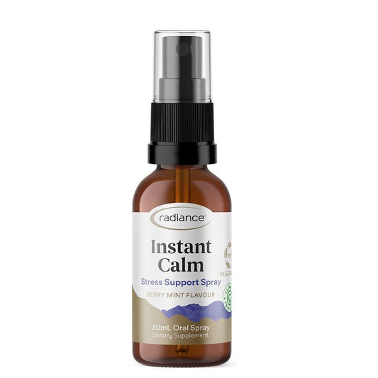 Radiance Instant Calm herbal supplement bottle, promoting relaxation and stress relief.