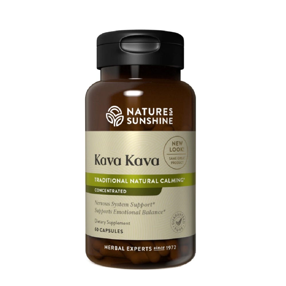 Image of Nature's Sunshine Kava Kava bottle and capsules for sleep and stress support. 