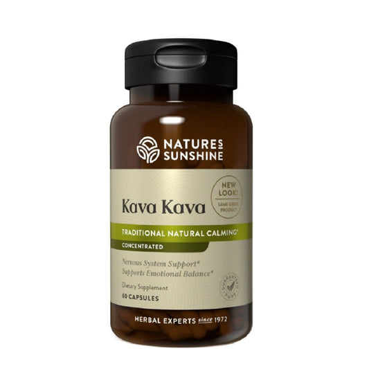 Image of Nature's Sunshine Kava Kava bottle and capsules for sleep and stress support. 
