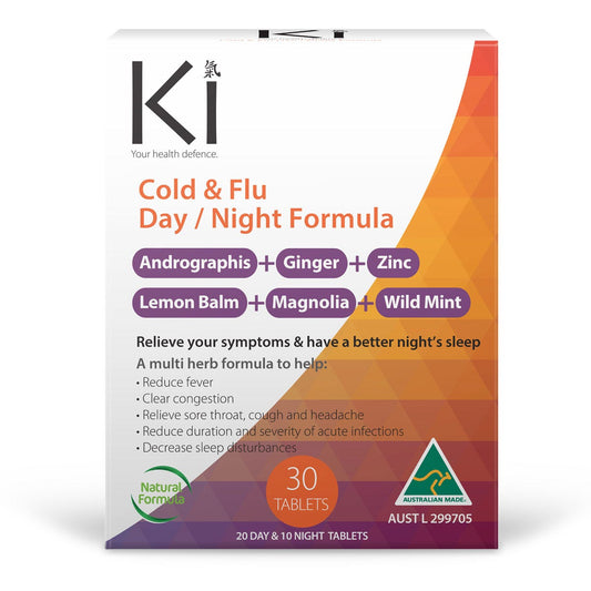 Martin & Pleasance KI Cold & Flu Day/Night tablets pack, showcasing the tablets and their natural ingredients, symbolizing effective relief and immune support for cold and flu symptoms, day and night.