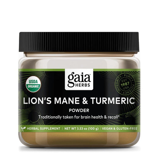 Image of Gaia Lion's Mane & Turmeric Supplements - Product Bottle and Capsules