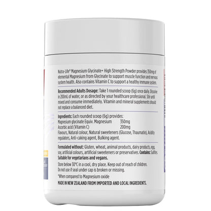 Nutra-Life Magnesium Glycinate+ High Strength Powder – Citrus flavour tub with natural muscle and nervous system support