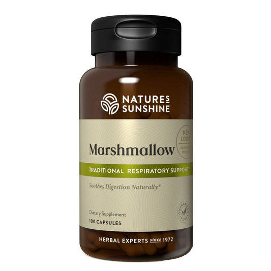 Image of Nature's Sunshine Marshmallow Bottle and Capsules providing respiratory support. 