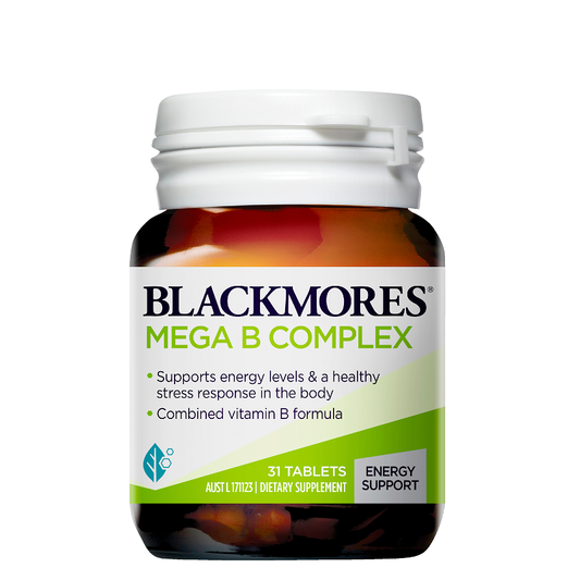 Blackmores Mega B Complex - Product Bottle and Tablets