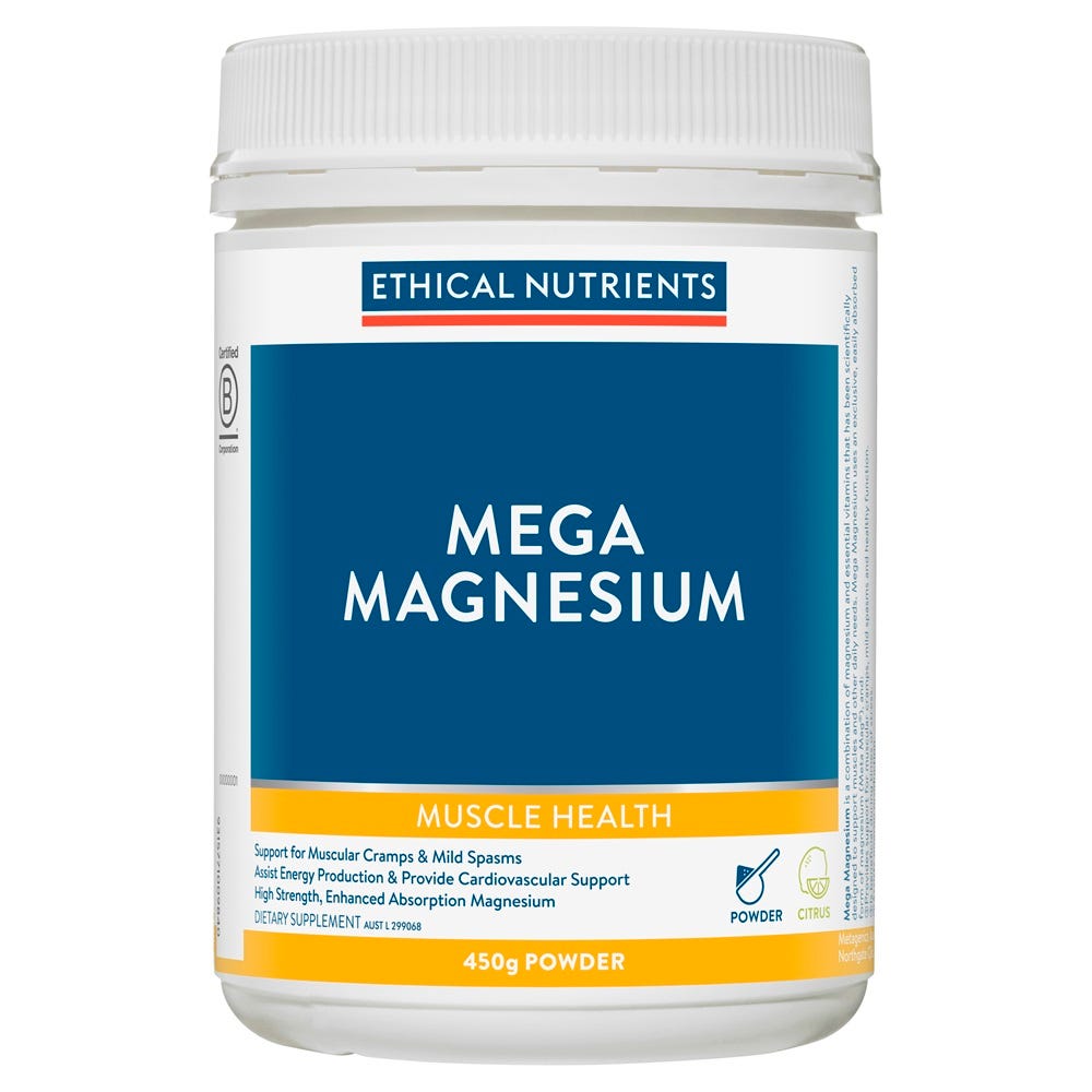 Ethical Nutrients Mega Magnesium Powder – Citrus flavour container for muscle and stress support - 450g Tub
