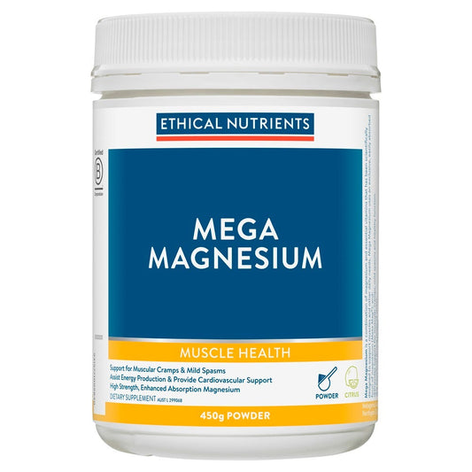 Ethical Nutrients Mega Magnesium Powder – Citrus flavour container for muscle and stress support - 450g Tub