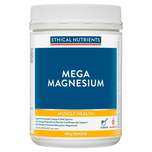 Ethical Nutrients Mega Magnesium Powder – Raspberry flavour container for muscle and stress support - 450 g