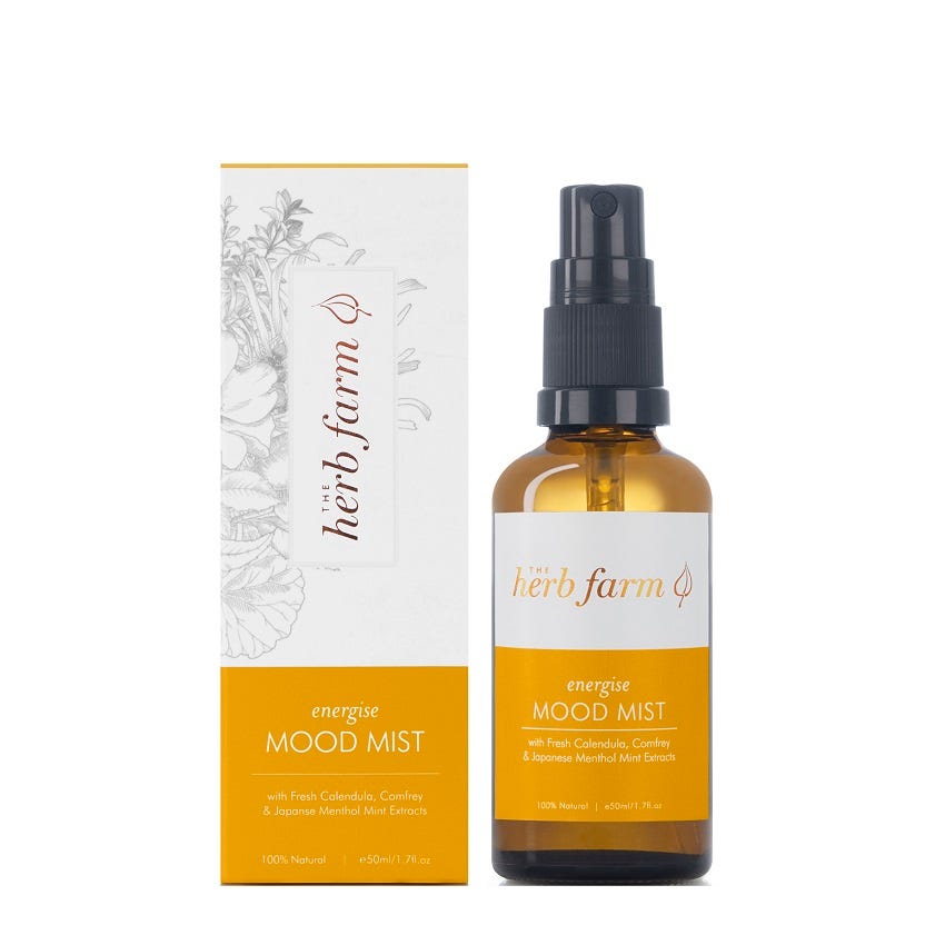 A bottle of The Herb Farm Energise Mood Mist, showcasing its natural ingredients and invigorating properties, symbolizing elevated and uplifted mood, perfect for a refreshing and energizing aromatherapy experience.