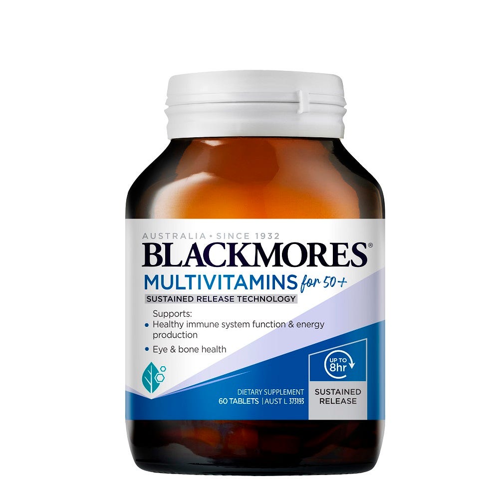 Blackmores Multivitamins for 50+ - Product Bottle and Capsules