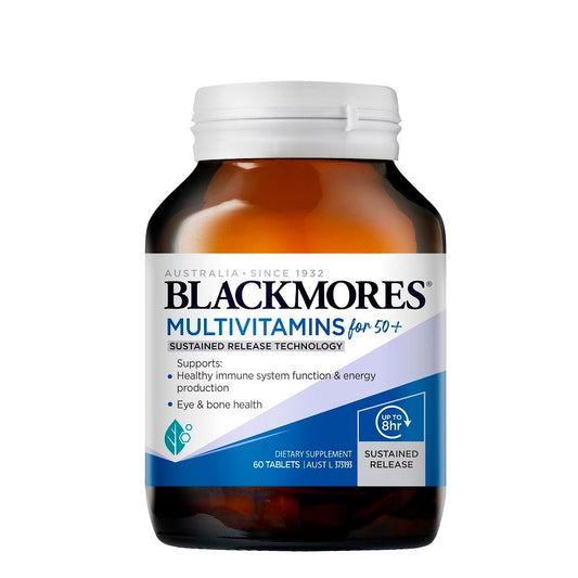 Blackmores Multivitamins for 50+ - Product Bottle and Capsules