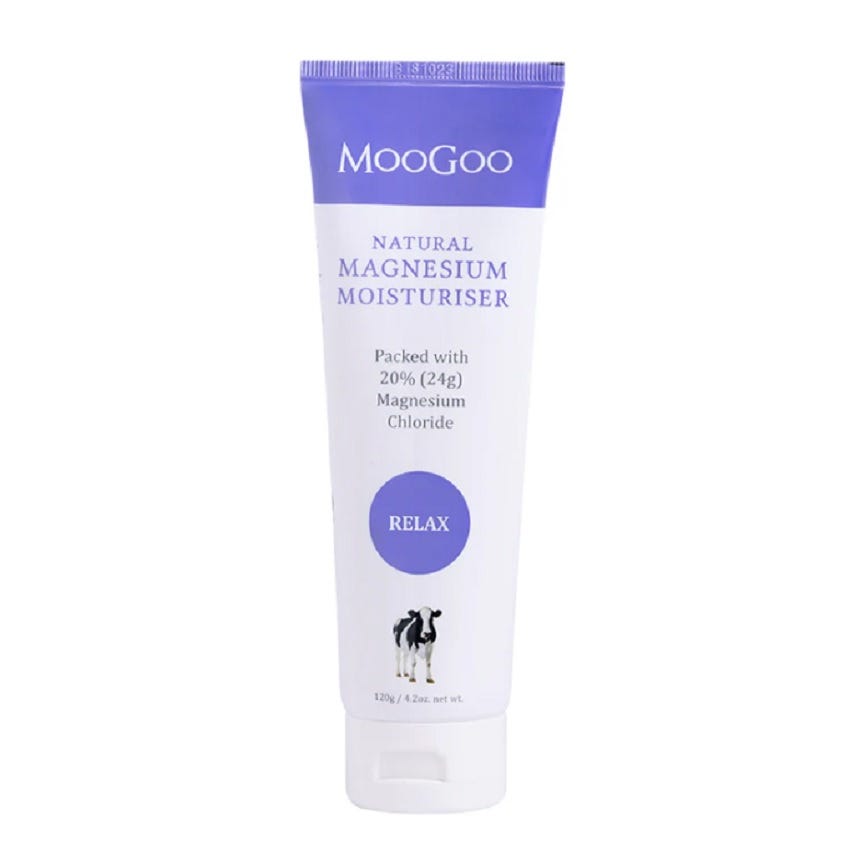 Image of MooGoo Natural Magnesium Moisturiser for skin health and relaxation. . 