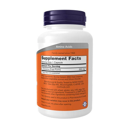 NOW L-Tyrosine 500mg – Amino Acid for Stress & Mental Focus Support - Supplement Facts