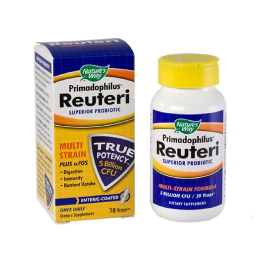 Nature's Way Primadophilus® Reuteri Probiotics bottle, box and capsules