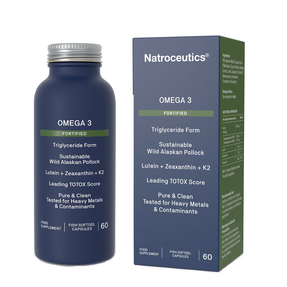 Image of Natroceutics Omega 3 Fortified box, bottle and capsules 