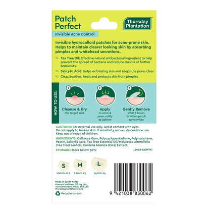 Thursday Plantation Patch Perfect Invisible Acne Control – clear hydrocolloid spot patches for blemish and pimple treatment - back of package. 