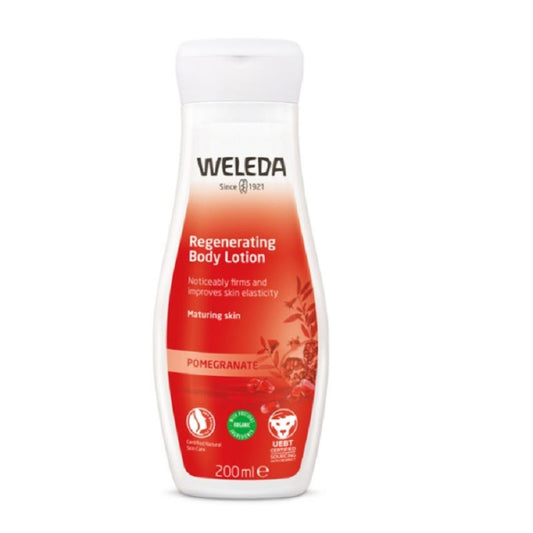 Weleda Regenerating Body Lotion - Pomegranate - Product Bottle and Lotion