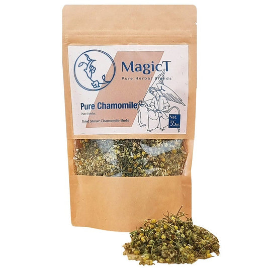 A cup of MagicT Pure Chamomile Tea, showcasing the chamomile flowers and their calming properties, symbolizing relaxation and tranquility, perfect for a serene tea experience.
