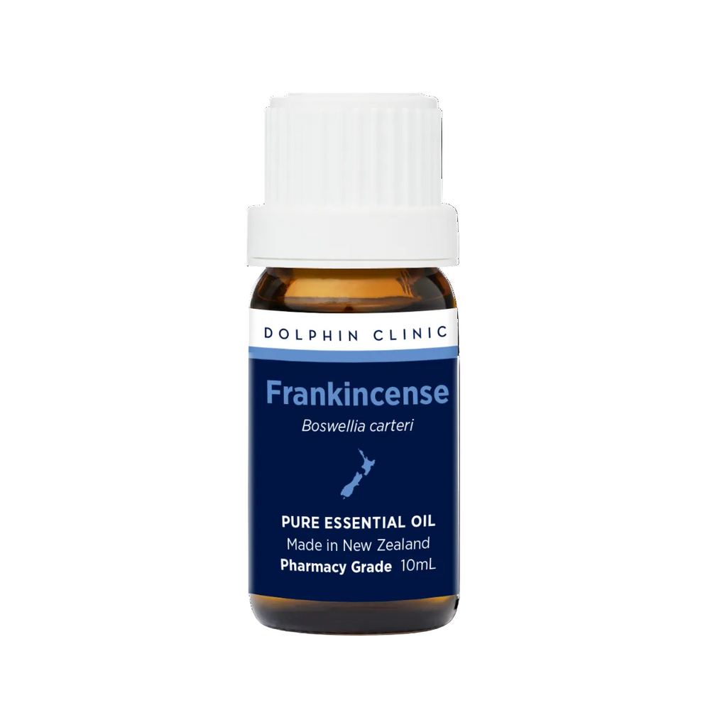 Dolphin Clinic Frankincense essential oil bottle on a white background