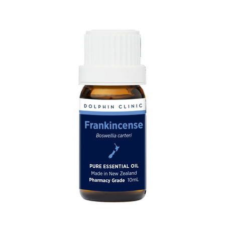 Dolphin Clinic Frankincense essential oil bottle on a white background