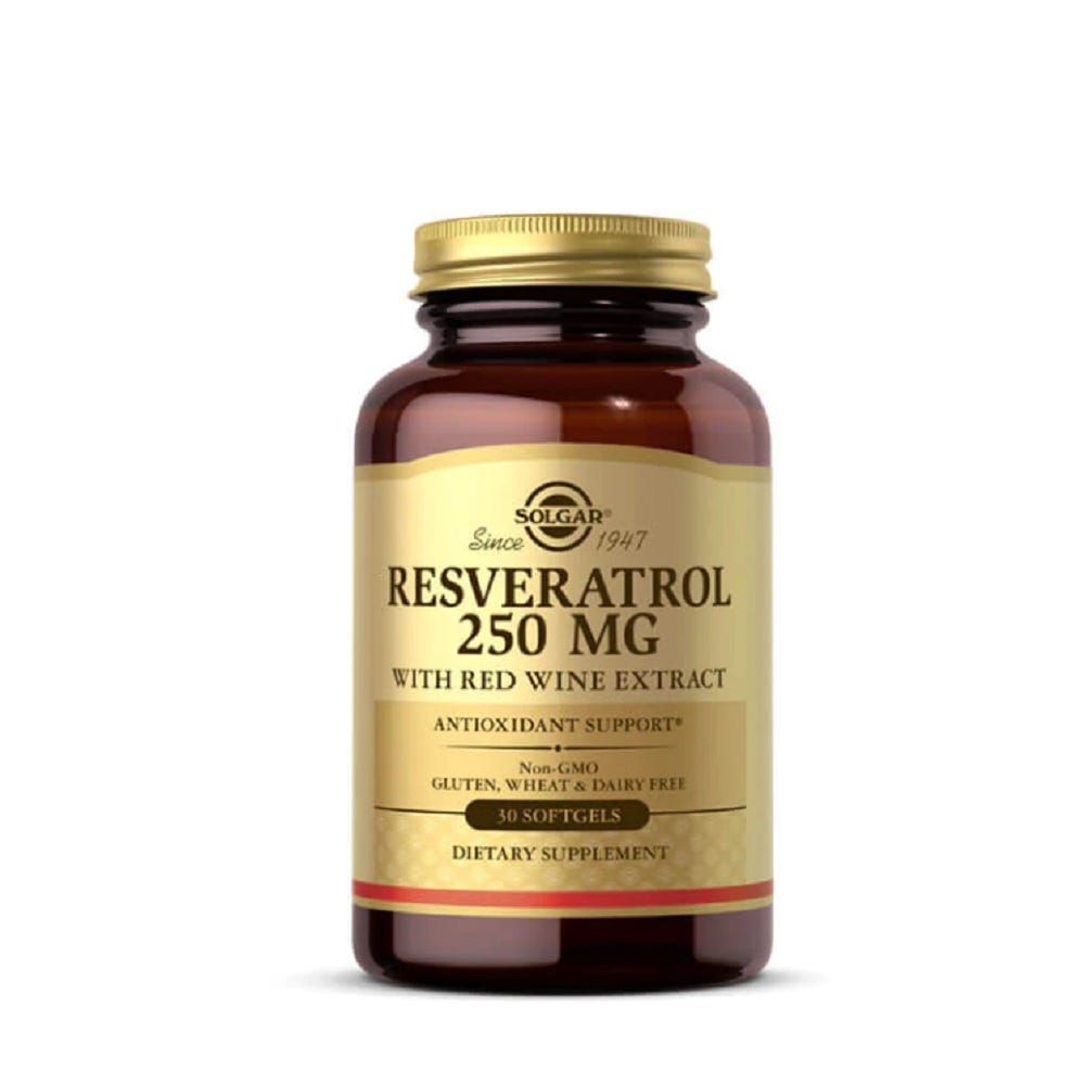 Solgar Resveratrol 250mg with Red Wine Extract bottle. High-potency antioxidant supplement for overall wellness.