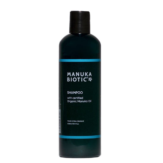 Image of Manuka Biotic Shampoo with certified Organic Manuka Oil bottle on a white background. 