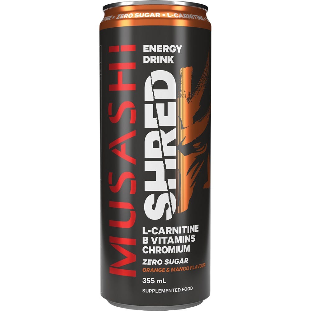 Musashi Shred Energy Orange & Mango – thermogenic energy drink with caffeine, green tea, and carnitine - 355ml Can