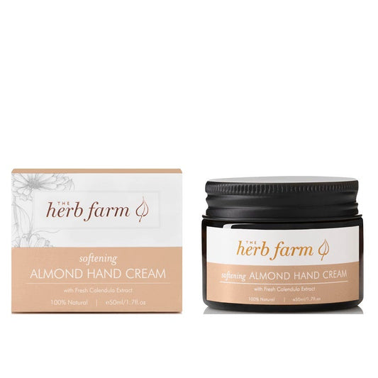 The Herb Farm Softening Almond Hand Cream, showcasing its nourishing ingredients and luxurious texture, symbolizing soft and hydrated hands, perfect for pampering and self-care.