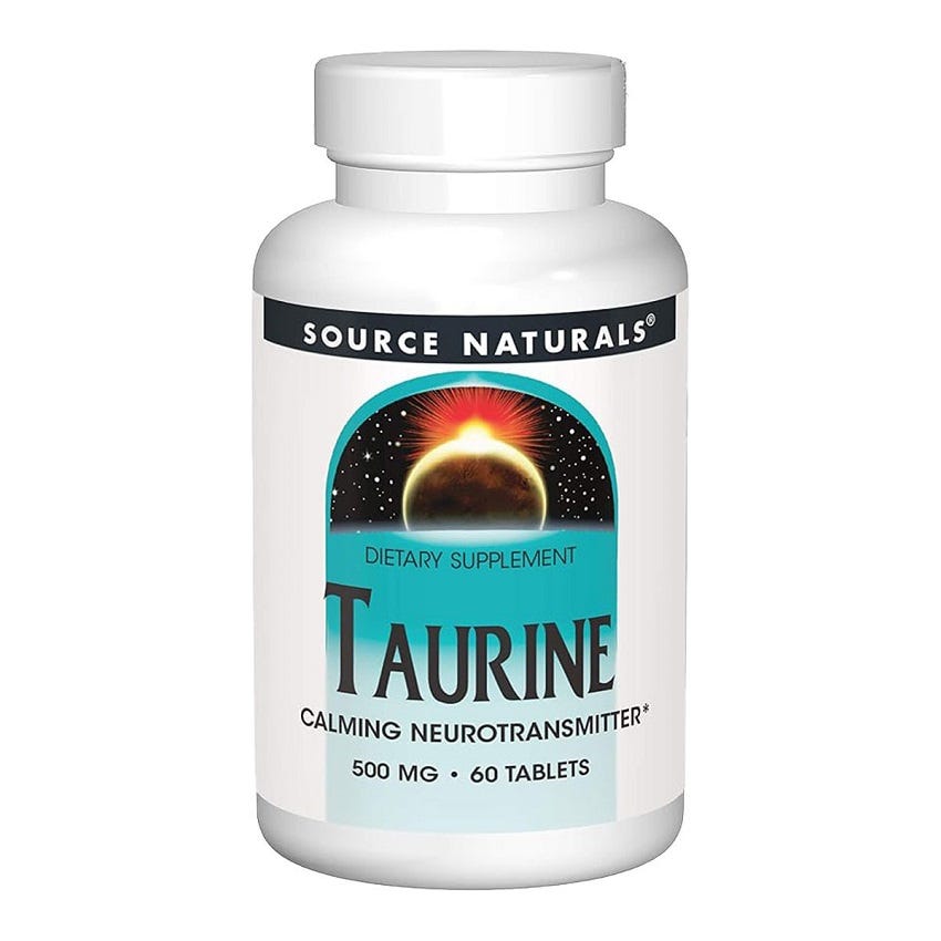 Image of Source Naturals Taurine Bottle and Tabvels for Heart Health