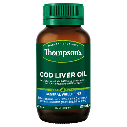 Thompson's Cod Liver Oil bottle – omega-3 and vitamin A & D support - 100 Capsules