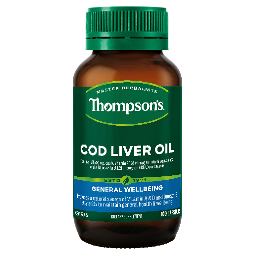 Thompson's Cod Liver Oil bottle – omega-3 and vitamin A & D support - 100 Capsules
