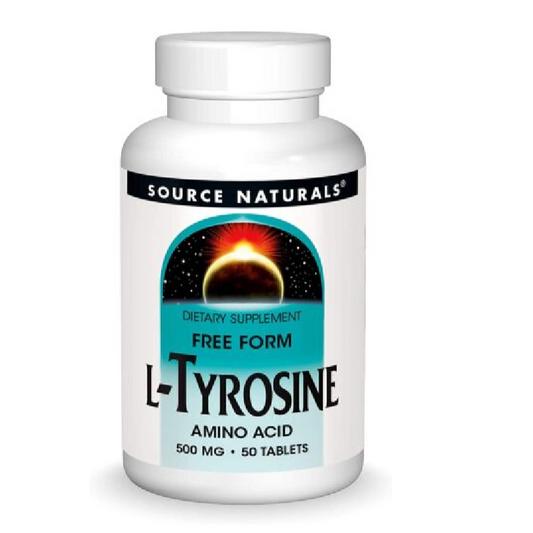 Image of Source Natural L-Tyrosine Bottle and Tablets for stress and sleep support. 