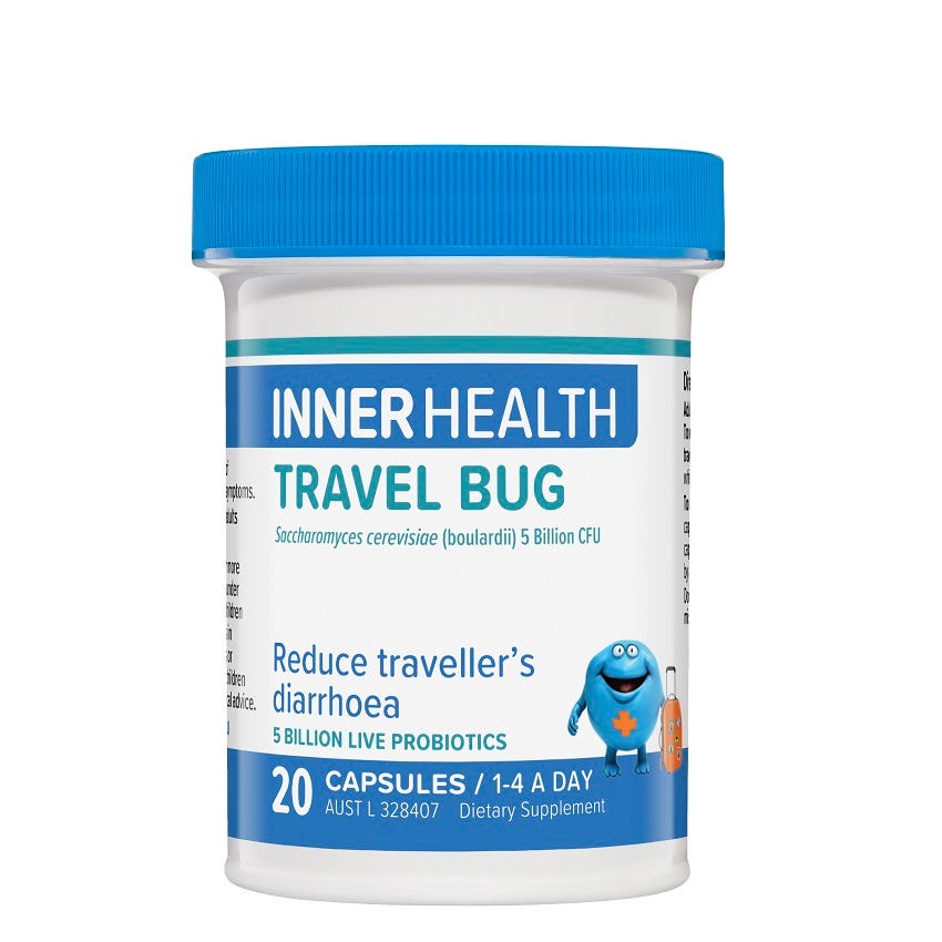 Image of Inner Health Travel Bug to support against gut upsets and diarrhoea during travelling. 