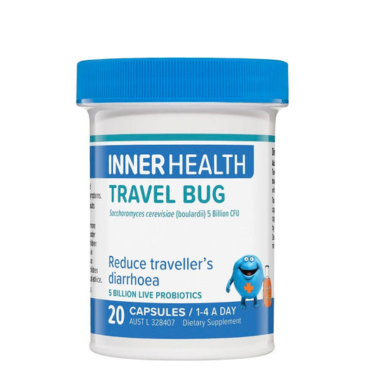 Image of Inner Health Travel Bug to support against gut upsets and diarrhoea during travelling. 