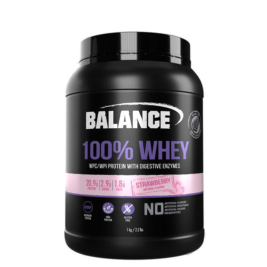 Balance 100% Whey Protein Strawberry – high-quality whey protein powder for muscle recovery