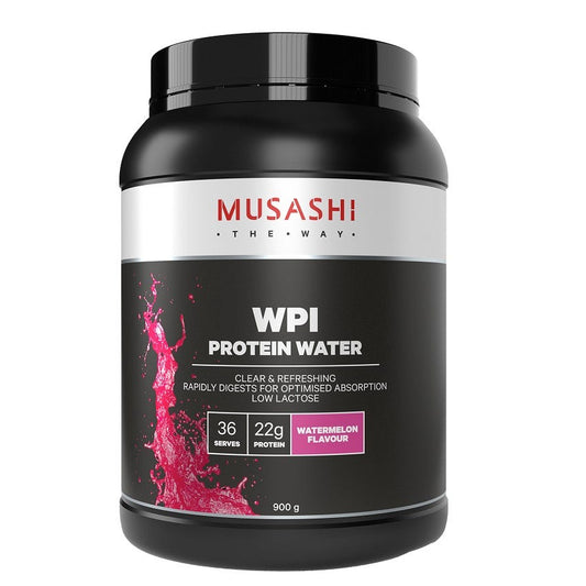 Musashi WPI Protein Water in Watermelon flavor, showcasing its refreshing appeal and protein benefits, symbolizing post-workout hydration and nutrition.