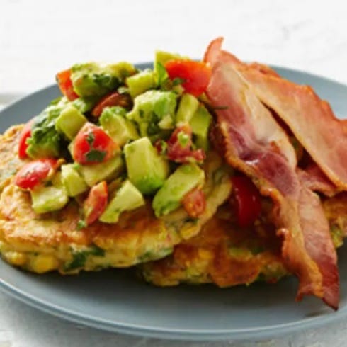 Corn fritters with bacon and avocado salsa